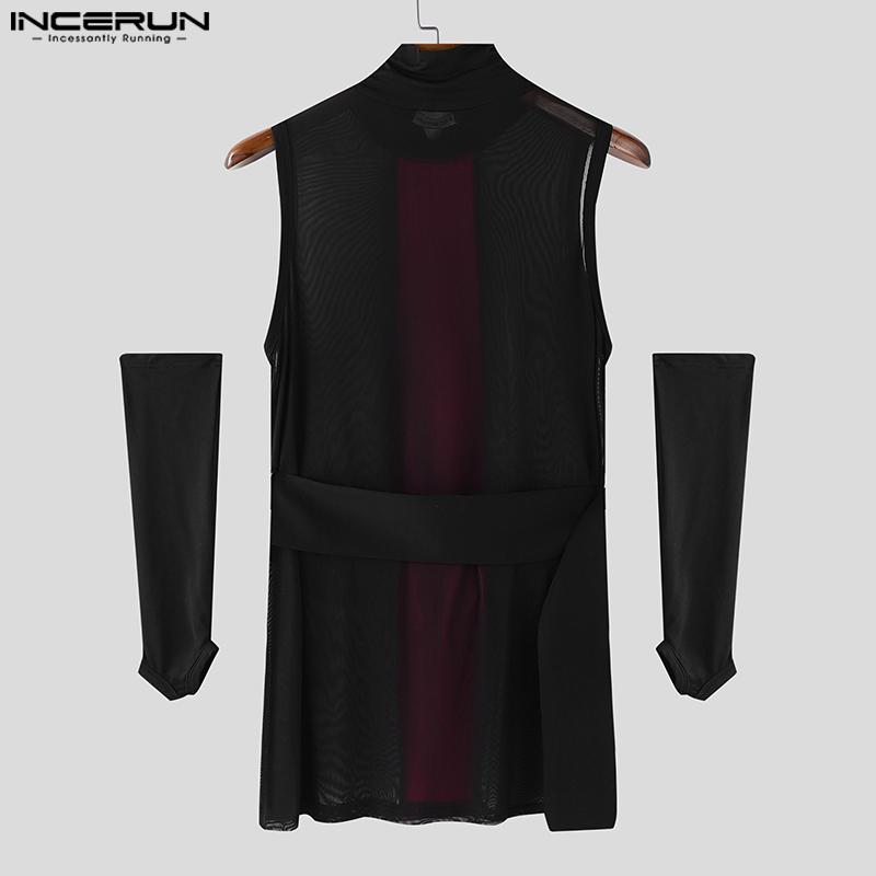 INCERUN Мужские майки без рукавов в полоску с сетчатыми вставками, прозрачные, облегающие, с накидными рукавами