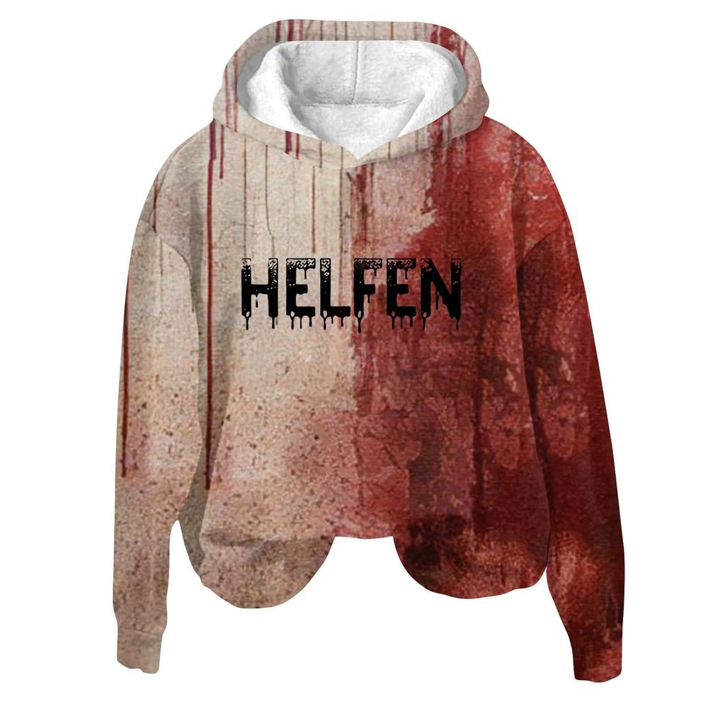 Women's 3D Bloody Letters Printed Long Sleeved Loose Hooded Sweatshirt New Halloween Ladies Casual Long Sleeved Pullover
