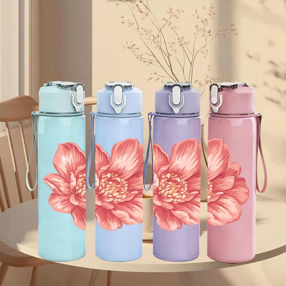 1PC Soft Pink Peony Flower 750ml Color Plastic Sports Water Bottle Leakproof Flip Straw Lid Suitable for Sports Office Home Use