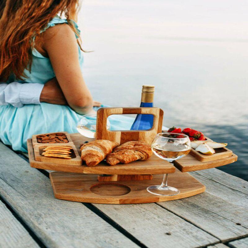 Tables Wooden Picnic Table With Glass Holder Round Foldable Desk Wine Glass Rack