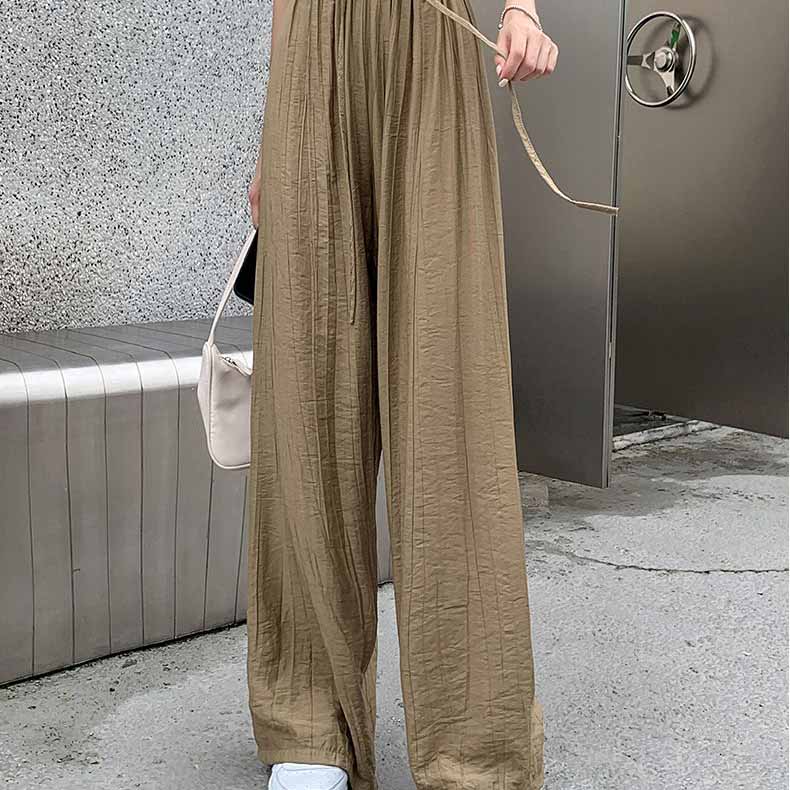 Pleated Ice Silk Wide Leg Pants for Women's Summer High Waisted Draped Cool Pants Straight Tube Loose Casual Pants