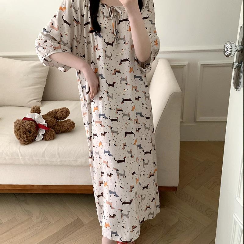 1011 new cotton and silk nightdress women's high-end printing short-sleeved long dress large size thin can be worn outside loungewear