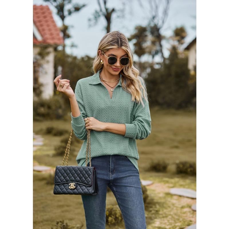 Spring and Autumn Women's Blouse Solid Color Lapel Loose Sweatshirt Long Sleeve Top