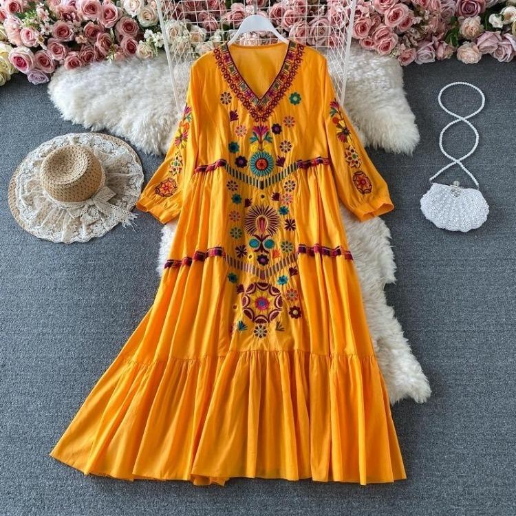 Casual Dresses - Vintage Printed Loose Dress for Woman V Neck Oversized Long Sleeve Casual Lace Dresses Long