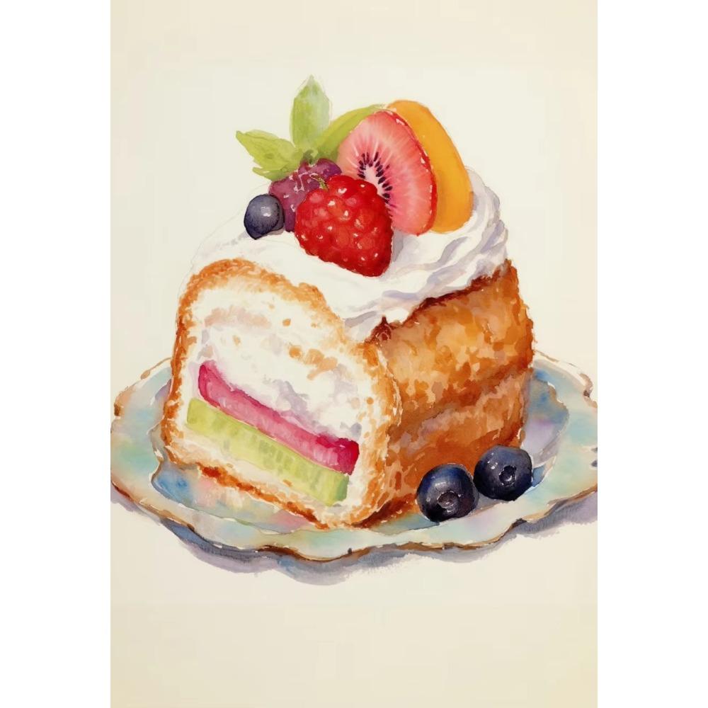Cream Fruit Cake Watercolor French Pastry Illustration Poster Canvas Wall Art Print Picture Colorful Kitchen Home De