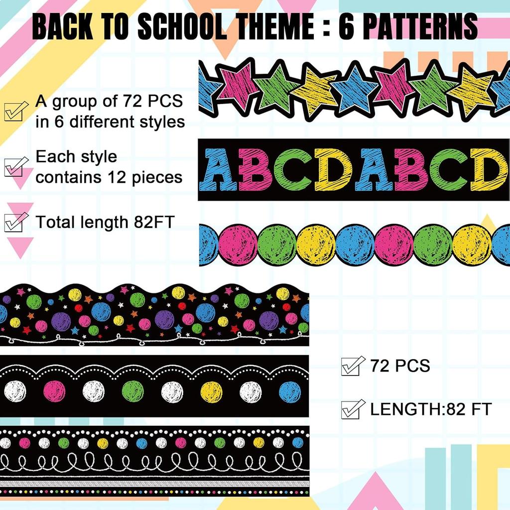 82Ft Black Brights Classroom Bulletin Board Border 72Pcs Colorful Chalkboard Border Trim Stickers for Back to School Office Decor