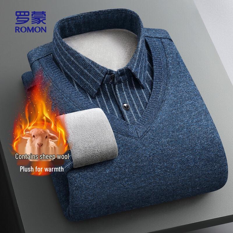 ROMON Мужской вязаный свитер из смесовой шерсти с флисовой подкладкой и воротником-поло