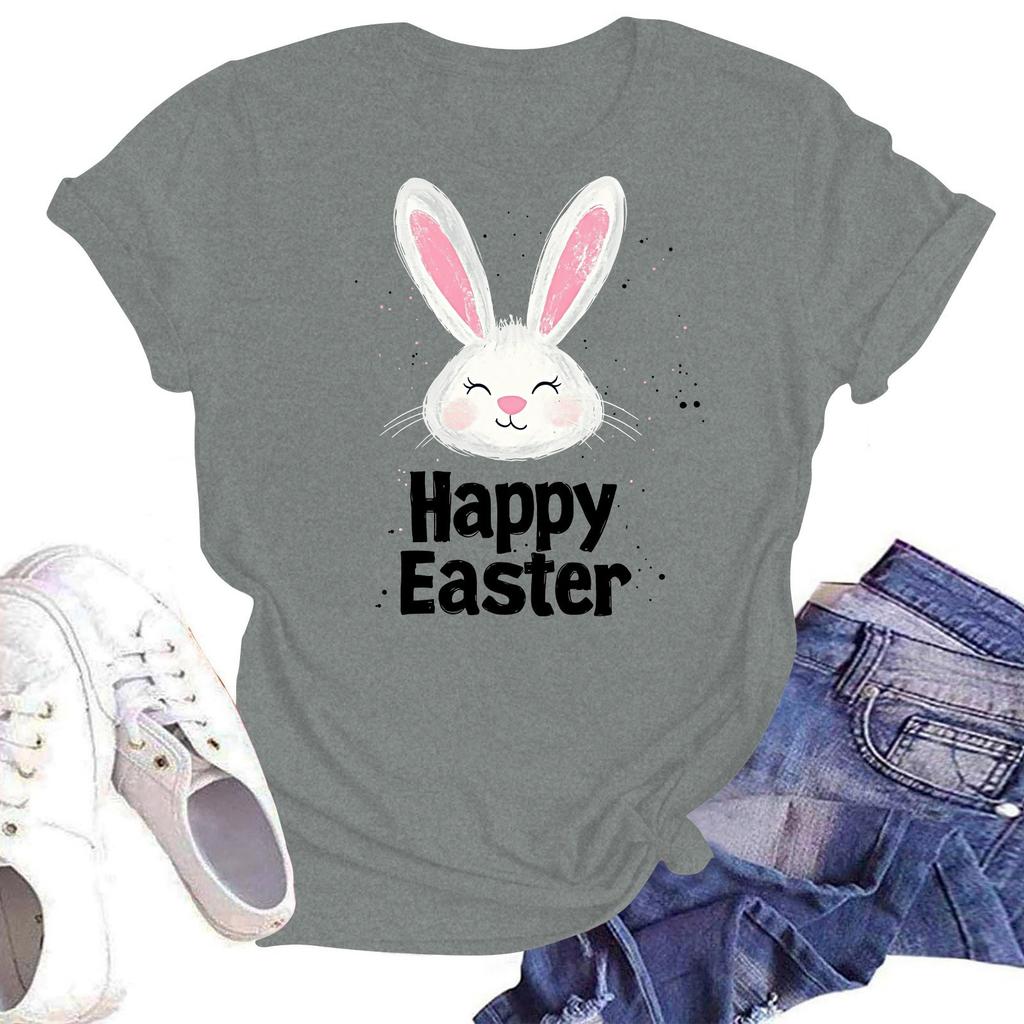 Happy Easter Women's Fashion Printed Round Neck Short Sleeve T-Shirt Pullover Top