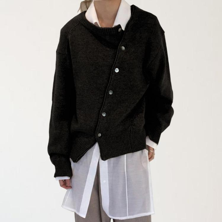 Fashion Elegant Vintage Knit Coats for Women Autumn Winter Round Neck Cardigan Sweater Jacket Irregular Oblique Button Knitted 25140