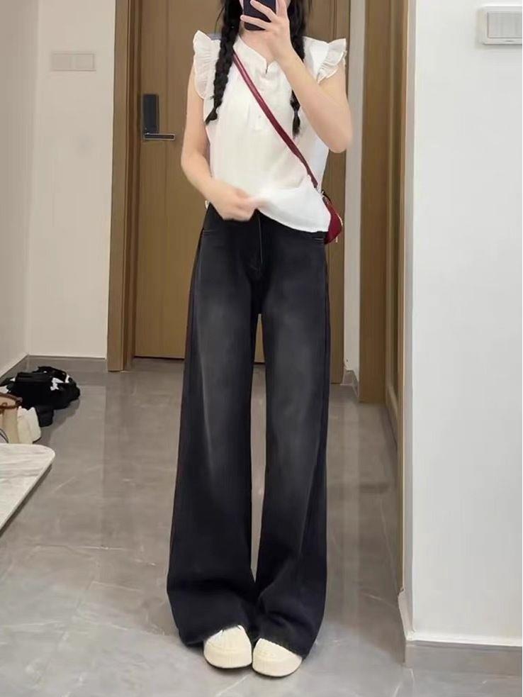 High-Waist Black & Gray Velvet Micro-Flare Jeans for Women - Slimming & Body-Shaping Autumn Pants