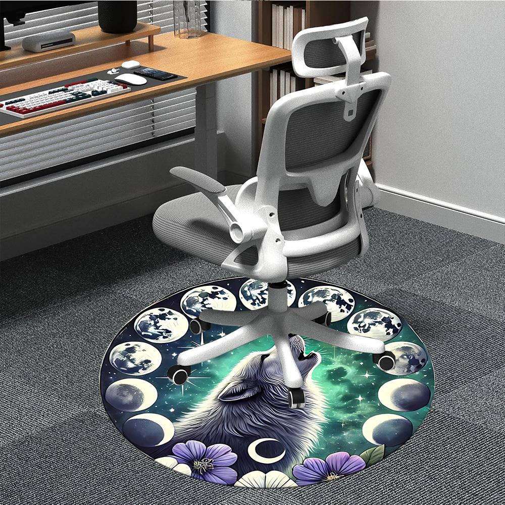 1pc Moon Wolf Office Round Area Rug, Under Office Chairs Bedroom Living Room Home Decor, Room Deco