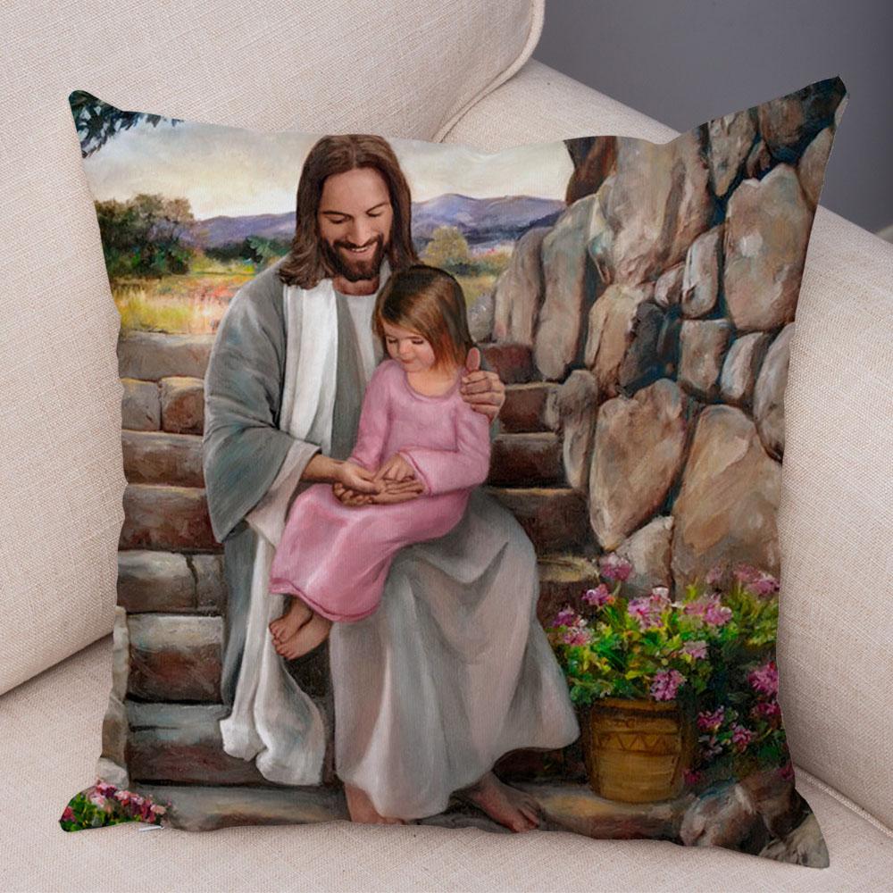 Vintage Jesus Christ Cushion Cover for Sofa Home Decor Colorful Cartoon Christ Savior Pillow Case Soft Plush Pillowcase xcm
