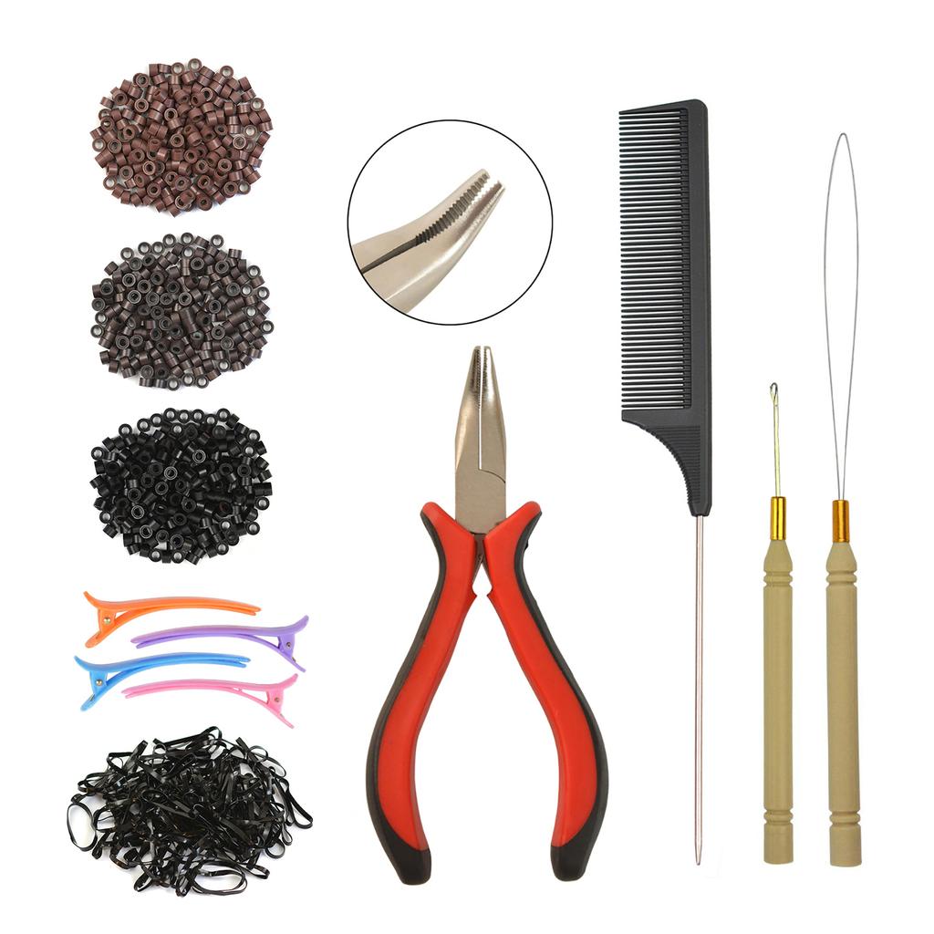 Hair Extensions Tool Set I-tip Hair Pliers 600 Pcs Silicone Micro Rings 4 Pcs Hair Clips 100pcs Rubber Bands 1Pc Hair Comb