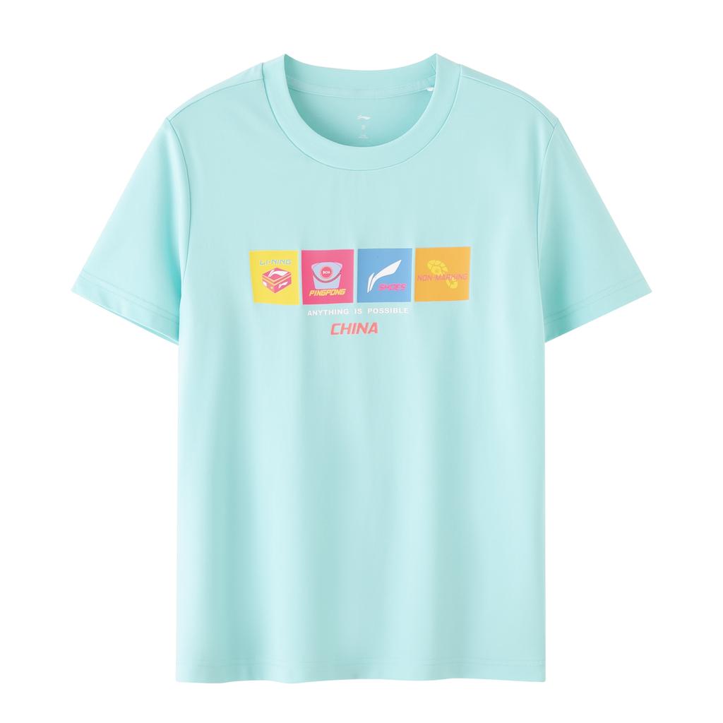 Li-Ning Футболка унисекс с круглым вырезом и графическим принтом серии Ping Pong, светло-голубая ATST031-1