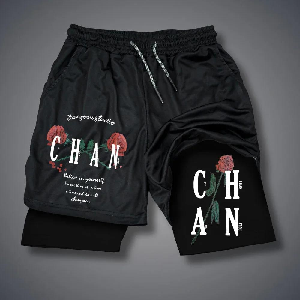 Men 2 In 1 Sports Shorts Gothic Pattern Short Pants Fitness Running Pant Sportswear Casual Shorts Summer Drawstring Jogging Pant