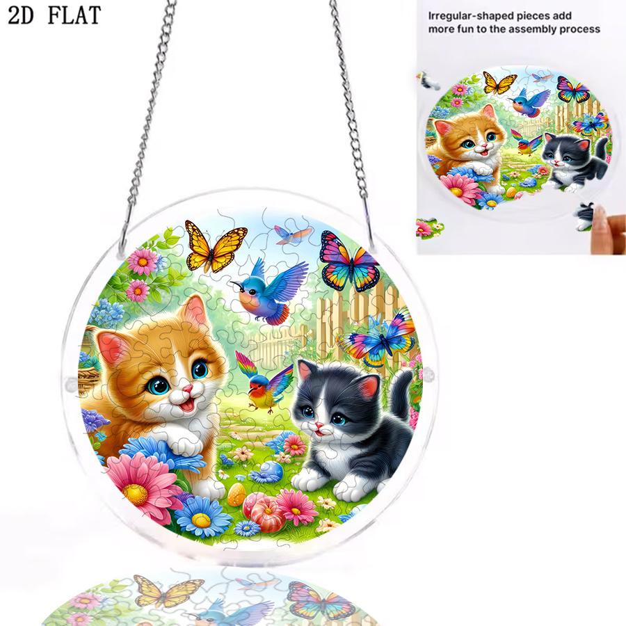 2D Flat, 1pc, 2D Flat "Playful Kittens Among Flowers" Acrylic Jigsaw Puzzle. Suncatcher Features a "Wave Angel" Themed Design. This 2D Flat Acrylic Su