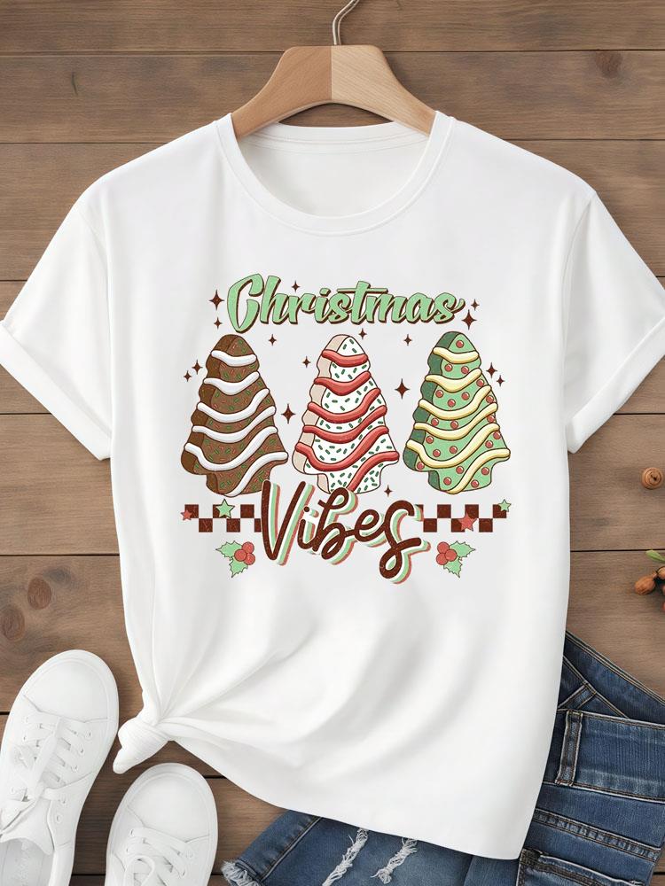 (Азиатский размер) Топ футболка фестиваль С Рождеством Новым годом Праздник Женская с надписью милый стиль Принт Леди Короткий рукав Мода Графические футболки