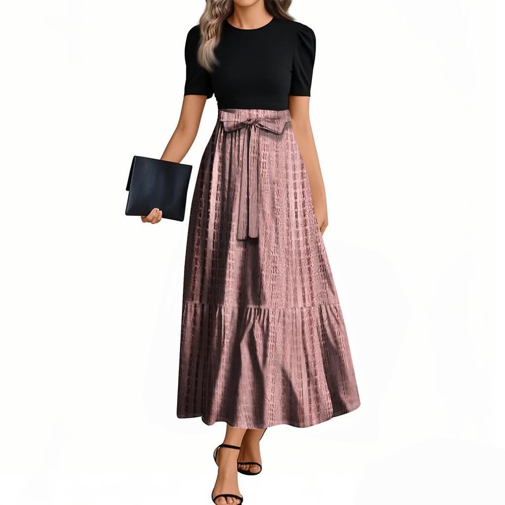 Женские модные повседневные платья с поясом, коротким рукавом, круглым вырезом, геометрическим узором, элегантные платья с темпераментом