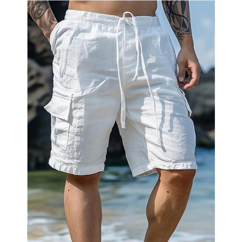 Cotton Linen Shorts with Drawstring Elastic Waistband Straight Legs Solid Color Breathable Beach Five Point Casual Shorts Men’s