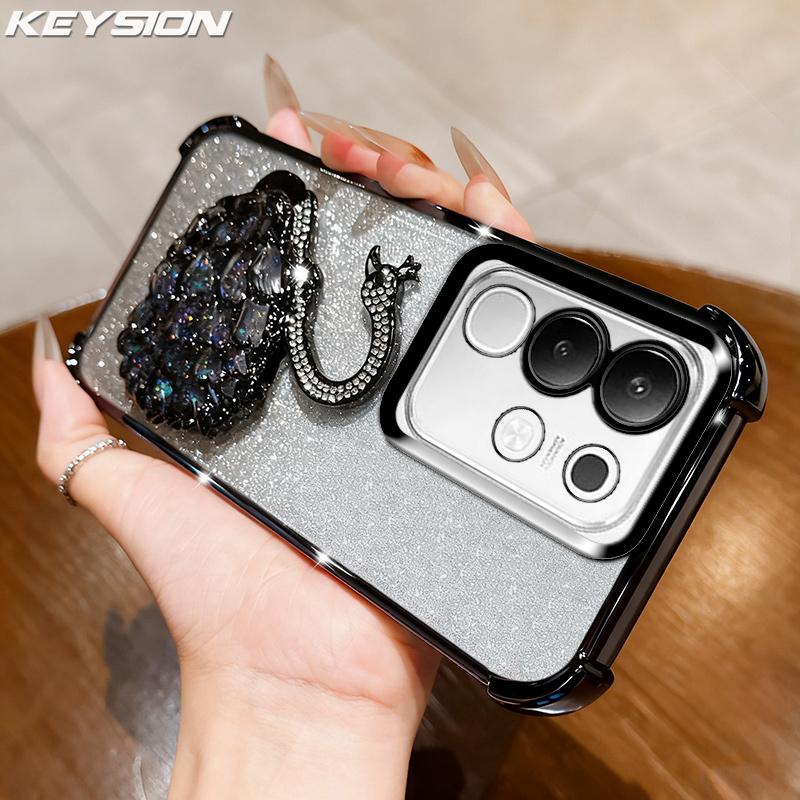 KEYSION Противоударный чехол с гальваническим покрытием для VIVO Y29 4G Прозрачный Мягкий ТПУ Блестящий Чехол-подставка в виде лебедя с драгоценными камнями Задняя крышка для IQOO Z10X 5G
