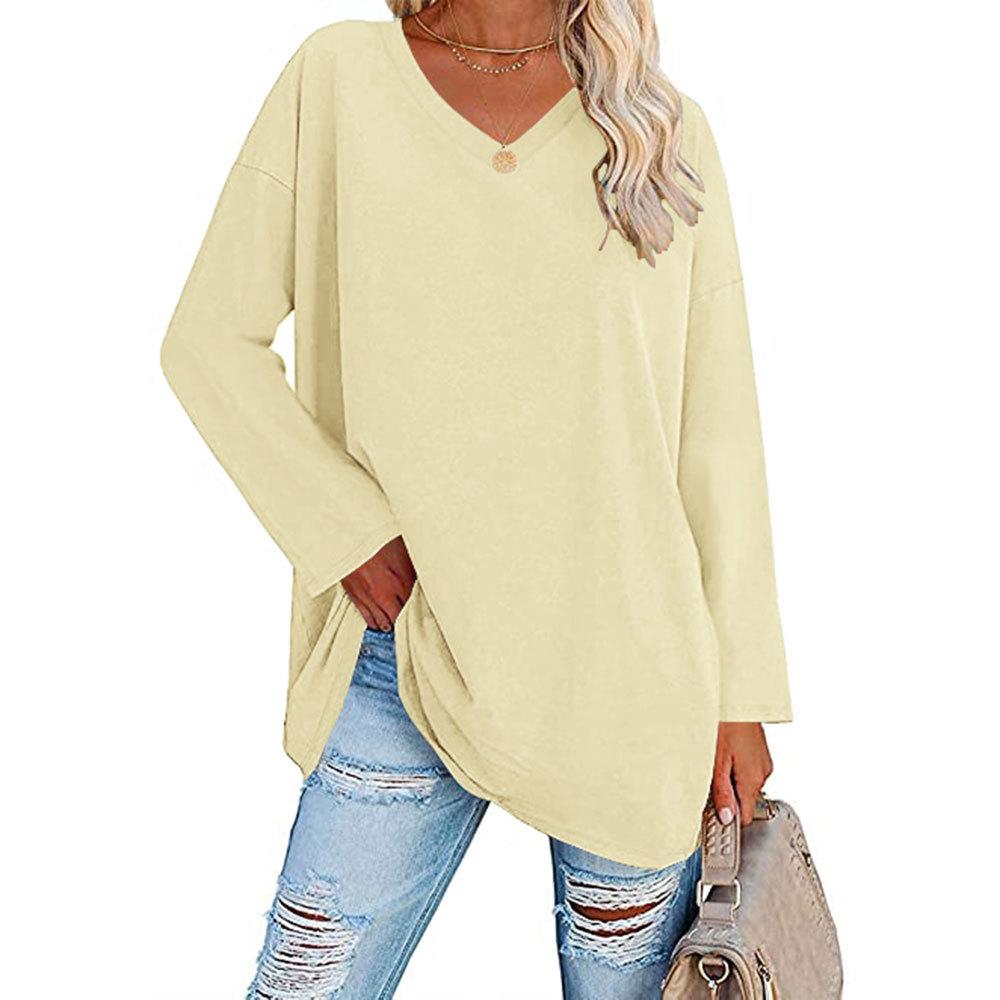 Multi Color Oversized Loose V-neck Solid Color Women's T-Shirts