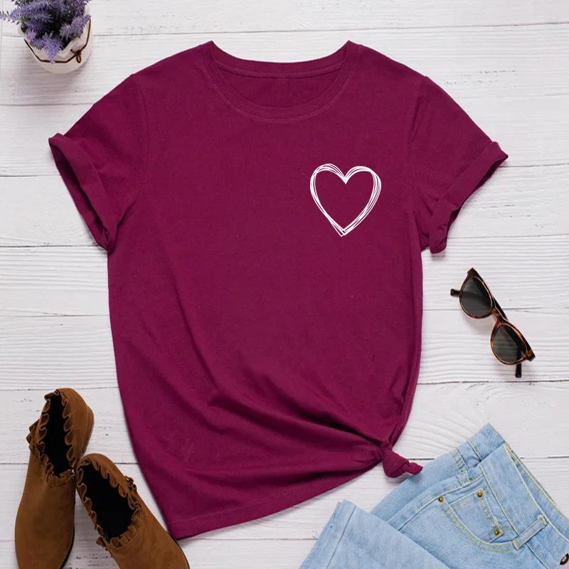 Женская футболка с карманом и принтом сердечка, с коротким рукавом, с круглым вырезом, свободная, женская футболка, женская футболка, топы, одежда, camisetas mujer