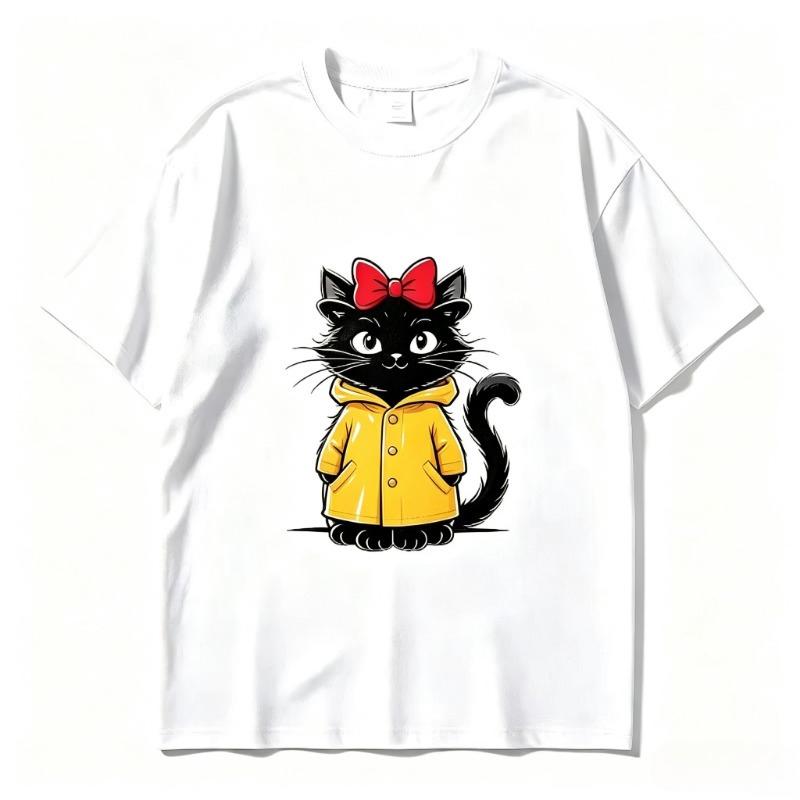 Cartoon Black Cat Bow Graphic Tee Casual Summer Short Sleeve Oversized T Shirt Cute Kitten Print Street Unisex Y2k Top Harajuku