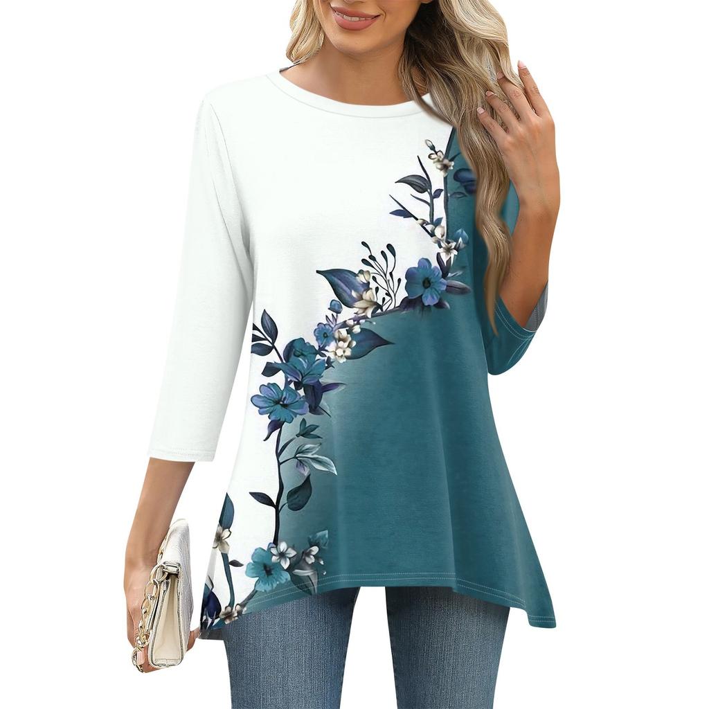 3/4 Sleeve Tunic Tops For Women Printed Daily Weekend Loose Fit Fashion Basic Round Neck T Shirt