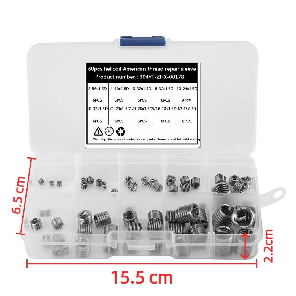 60Pcs 304 Stainless Steel Thread Repair Insert Kit With Storage Case / Plastic Box Steel Sheath Wire Screw Sleeve Kit