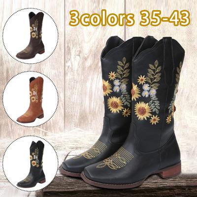 Женские модные ботинки больших размеров, сапоги на толстом каблуке с квадратным носком и вышивкой