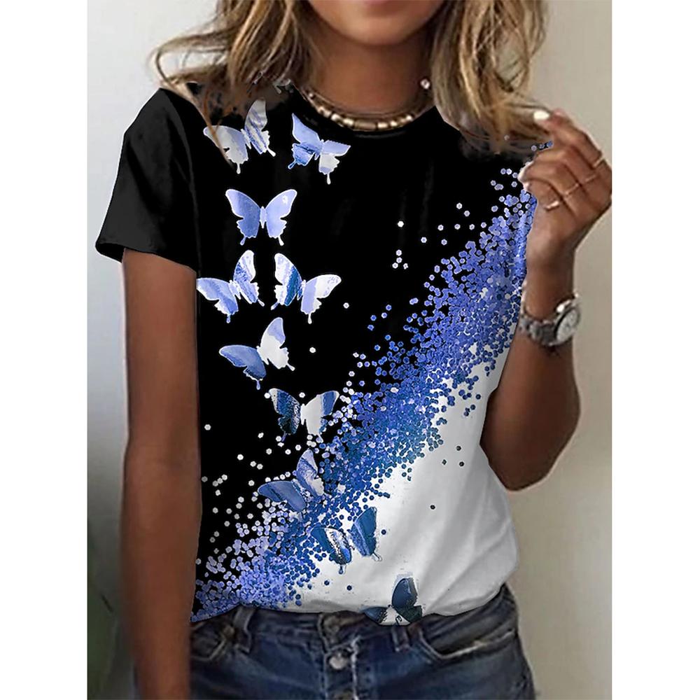 New O-neck 3d Butterfly Print T-shirt Women's Summer Fashion Short-sleeved Blouse Oversized Summer Clothing