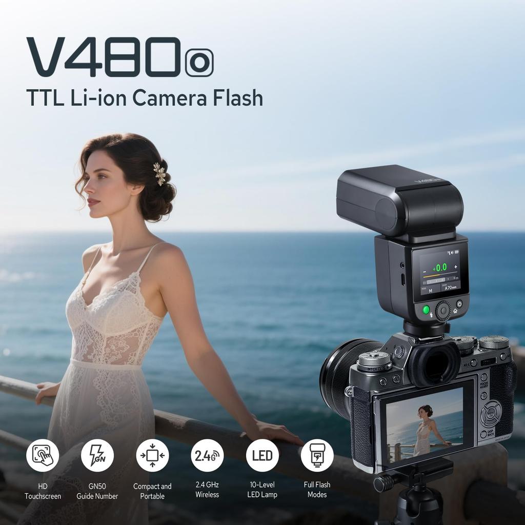 Godox Camera Flash for Olympus and TTL Second Recycle 650 Full Power LED Modeling X Second HSS V480-O Panasonic, GN50, Touchscreen, 1.7 Time, Flash,