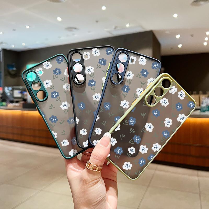 Акриловый жесткий синий цветочный узор матовый чехол для Samsung S25 Ultra S24 Fe S23 S22 A16 A15 A56 A55 A35 ударопрочный прозрачный защитный чехол для линз с мягкими краями