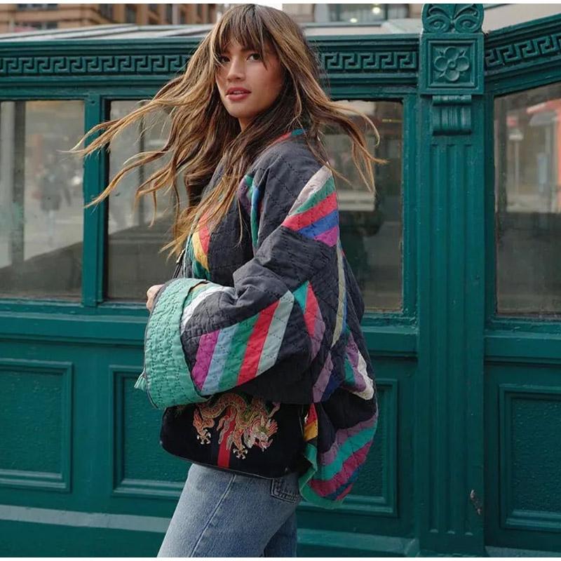 Patchwork Print Loose Women Jacket Long Flare Sleeve V-neck Female Coat Autumn Winter Elegant Street Lady Jackets