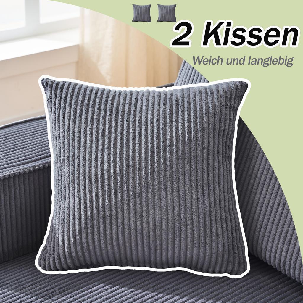 Fully compressed L-shaped corduroy sofa, 2-person seating group + chaise longue corner, soft high-density foam padding, for living room, Gray