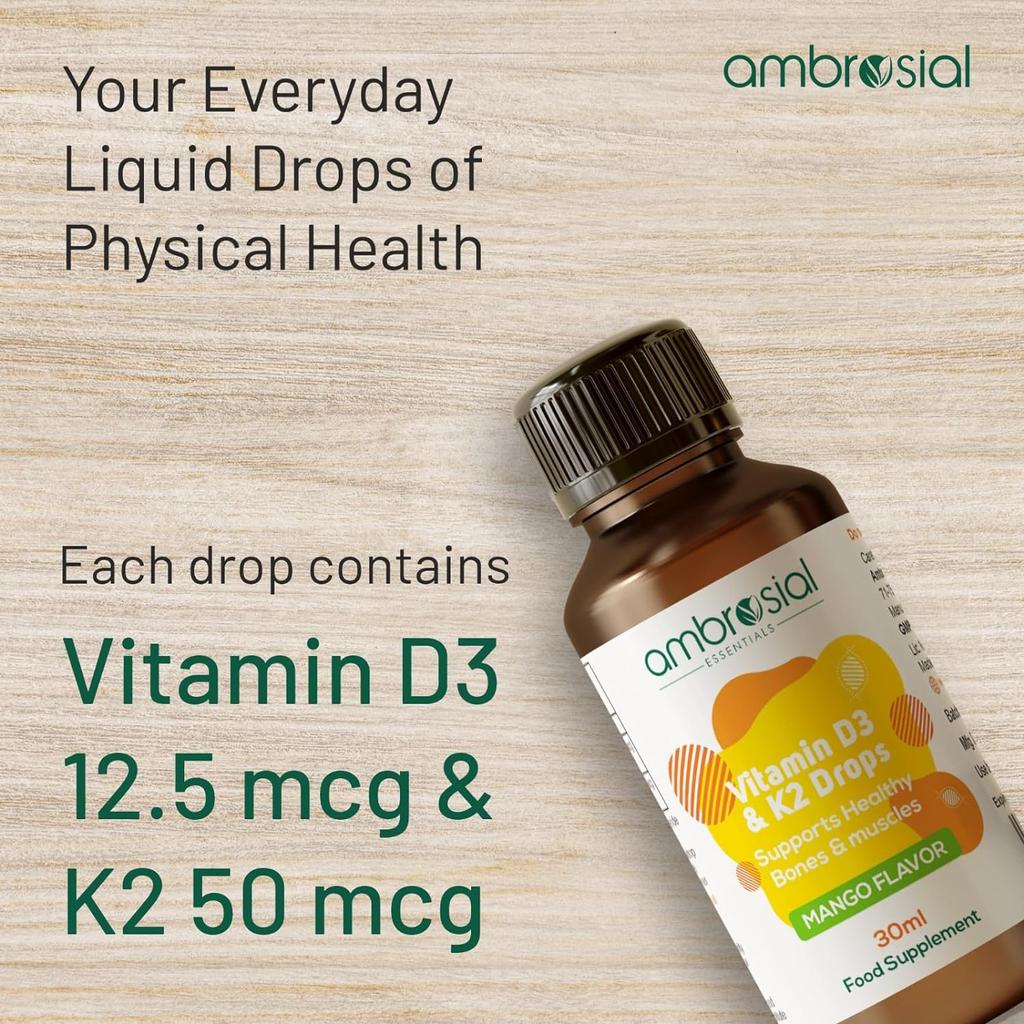 Ambrosial Vitamin D3 K2 Drops Жидкая добавка для взрослых и детей | Вкус манго (Упаковка 1-30 мл)