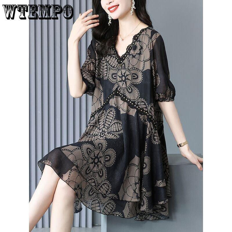 Женское летнее шифоновое платье в стиле ретро с v-образным вырезом и принтом, модное свободное платье трапециевидной формы