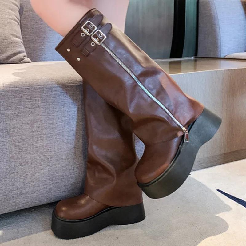 Весна Осень Женские Мотоциклетные Ботинки Британский Стиль На Толстой Подошве 2024 Сценический Подиум Ретро Молния Ремень Пряжка Дизайн Модные Ботинки