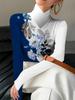 Women's elegant top, high-neck long-sleeve T-shirt, multifunctional artistic print, everyday basic layering shirt