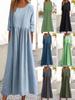 European & American Plus Size Retro Cotton-Linen Pleated Mid-Sleeve Dress
