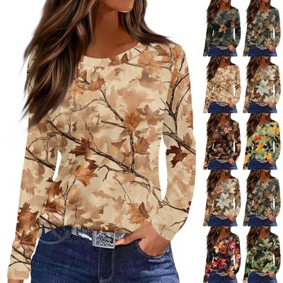 Женская мода повседневный топ с разрезом по низу и принтом мертвых листьев, круглый вырез, длинный рукав