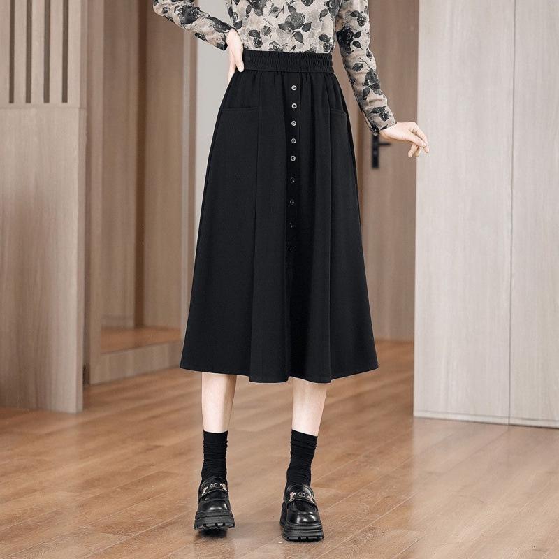 Женская миди-юбка на резинке - Весенне-осенний стиль, повседневный приталенный крой с карманами