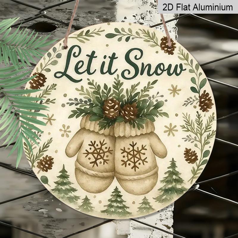 2D Flat, 1pc Winter Snowflake and Pine Tree Aluminum Wall Decor - Let It Snow Sign, Soft Green, Beige, Brown & Other Colors - Pre-Drilled Holes