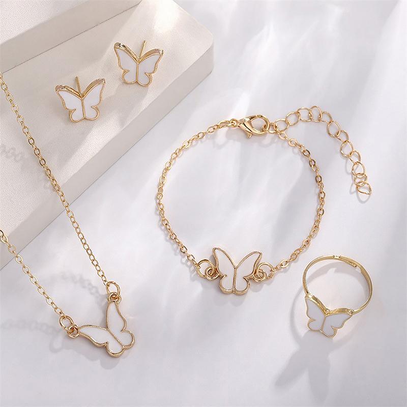 1Set Fashion Exquisite Simple Versatile Butterfly Necklace Bracelet Earrings Ring For Women Girls Wedding Party Jewelry Set Gift