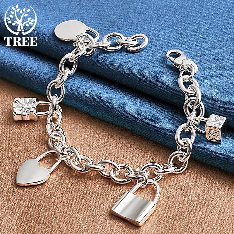 925 Sterling Silver Bracelet Heart / Circle / Square Lock Bracelets Bangles Jewelry