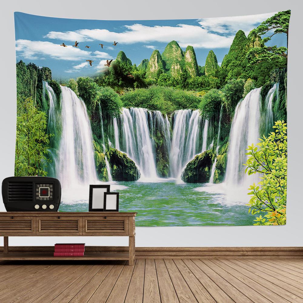 Natural Landscape Tapestry Mountain Waterfall Bird Day Flower Wall Hanging Home Wall Decoration Background Wall Tapestry