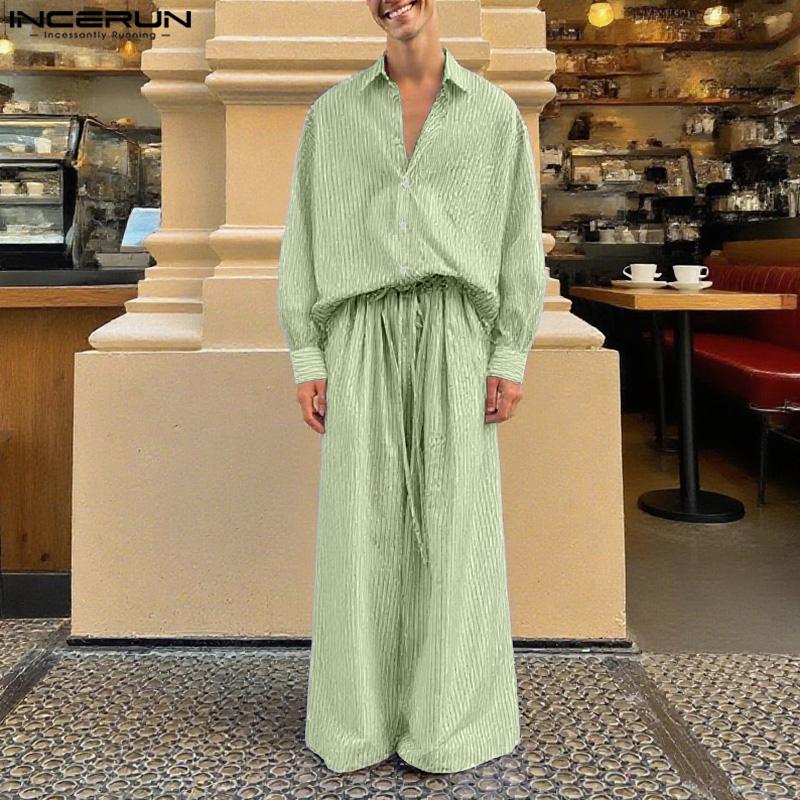 INCERUN Мужские комплекты из двух предметов: рубашка с лацканами, длинными рукавами и полосатым принтом, длинные широкие брюки