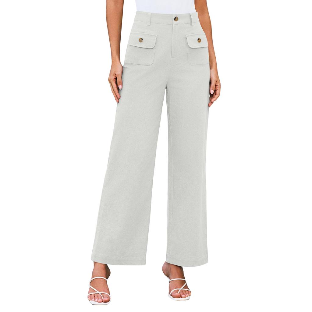 Женские летние однотонные свободные прямые брюки с внешним карманом и высокой талией