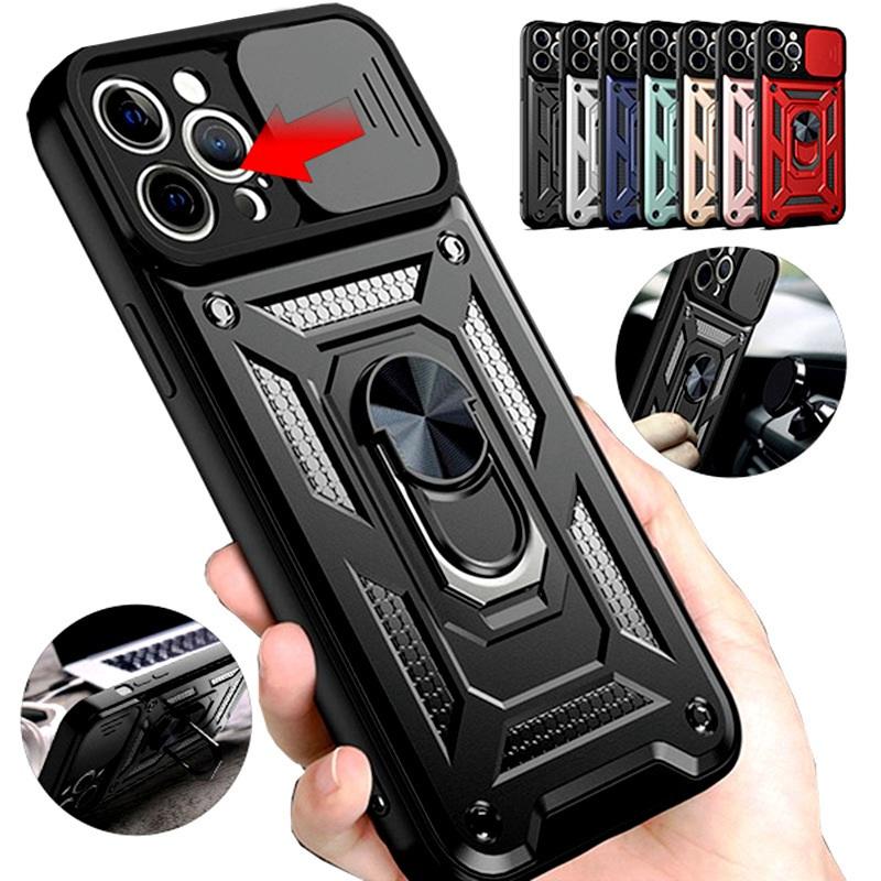 Luxury Sliding Lens Protection Armor Case For iPhone Samsung Huawei Xiaomi Redmi Magnetic Ring Shockproof Cover