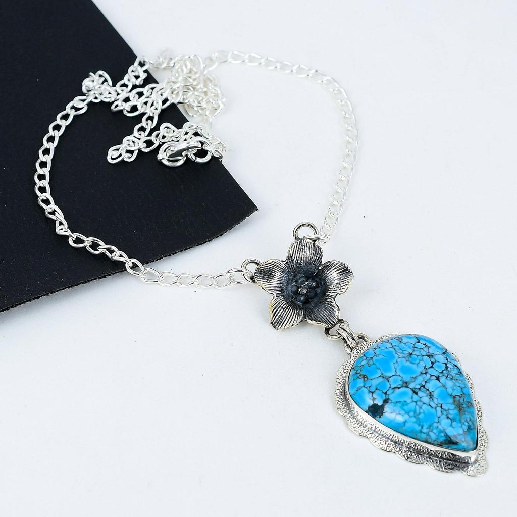 Натуральный тибатне бирюзовый драгоценный камень ручной работы из стерлингового серебра 925 пробы гальванопластика цветок ожерелье, тибатне бирюзовый серебро для жены унисекс кулон подарок